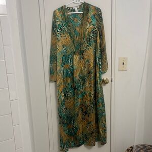 Oscar de la Renta Teal and Gold Long Sleeve Dress